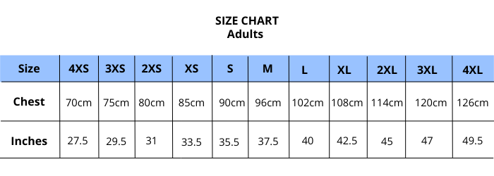 Adult sensory clothing sizing chart