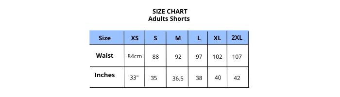 Adult shorts sizing chart